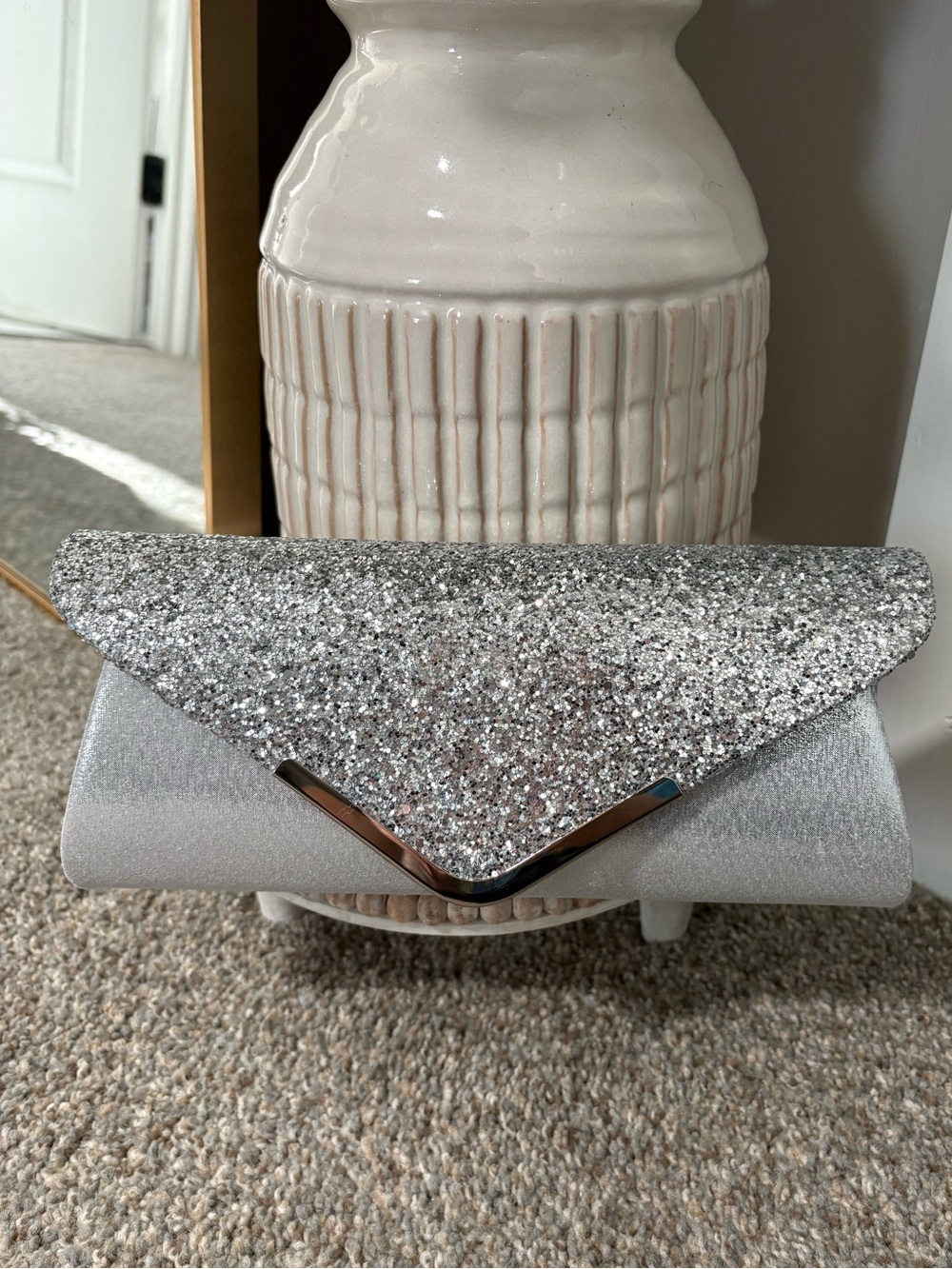 Silver Glitter Envelope Clutch Bag
